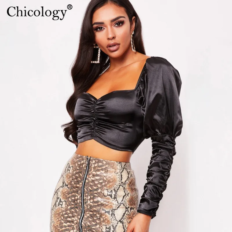 Chicology офисное офисные офис леди блузка пышным длинным рукавом Лонгслив женское кроп Топ на осень-зиму ЖЕНСКИЕ НАРЯДНЫЕ элегантное Сексуальные вечерние повседневная одежда