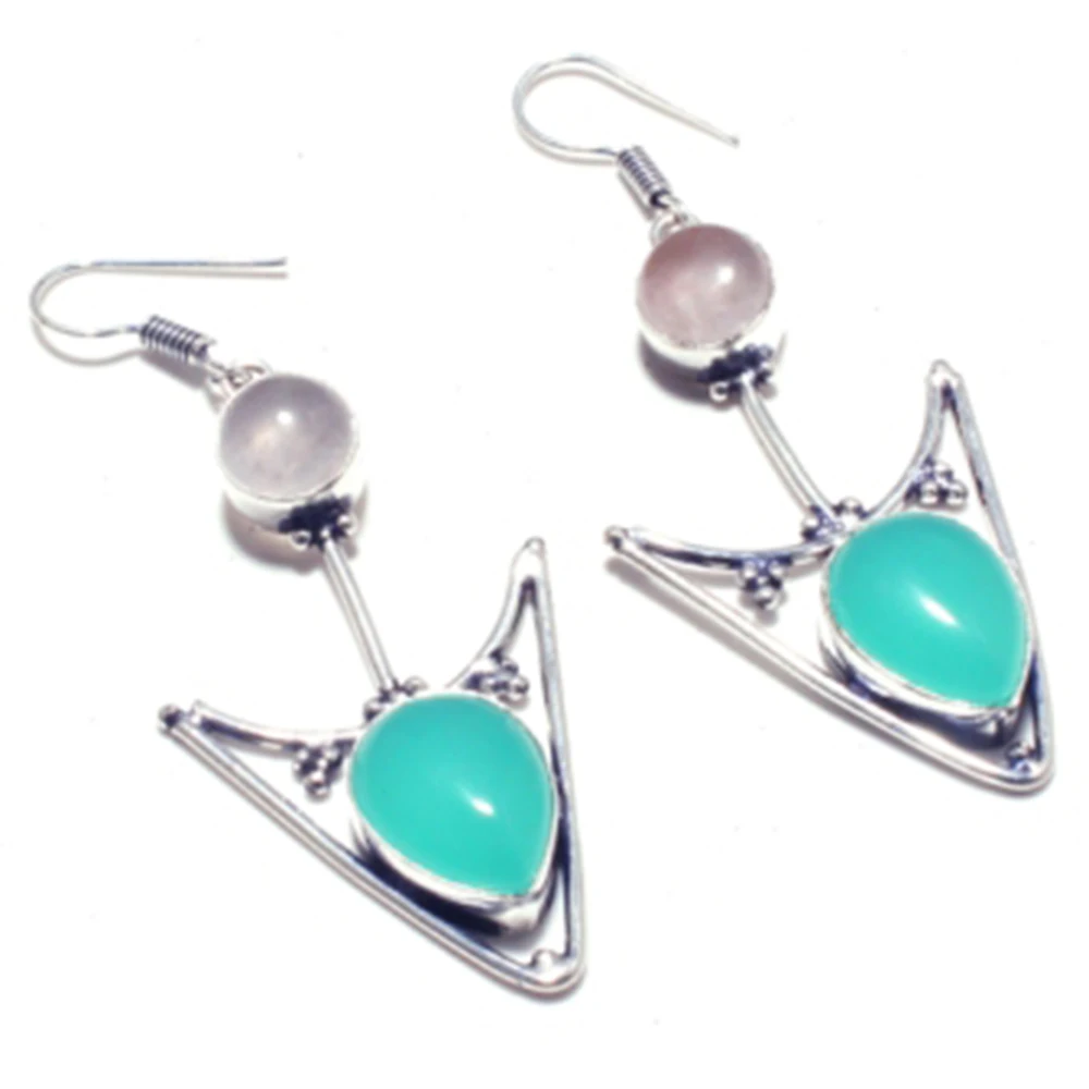 

Chalcedony + Rose Quartz Silver Overlay on Copper Earrings , 68 mm , E4612