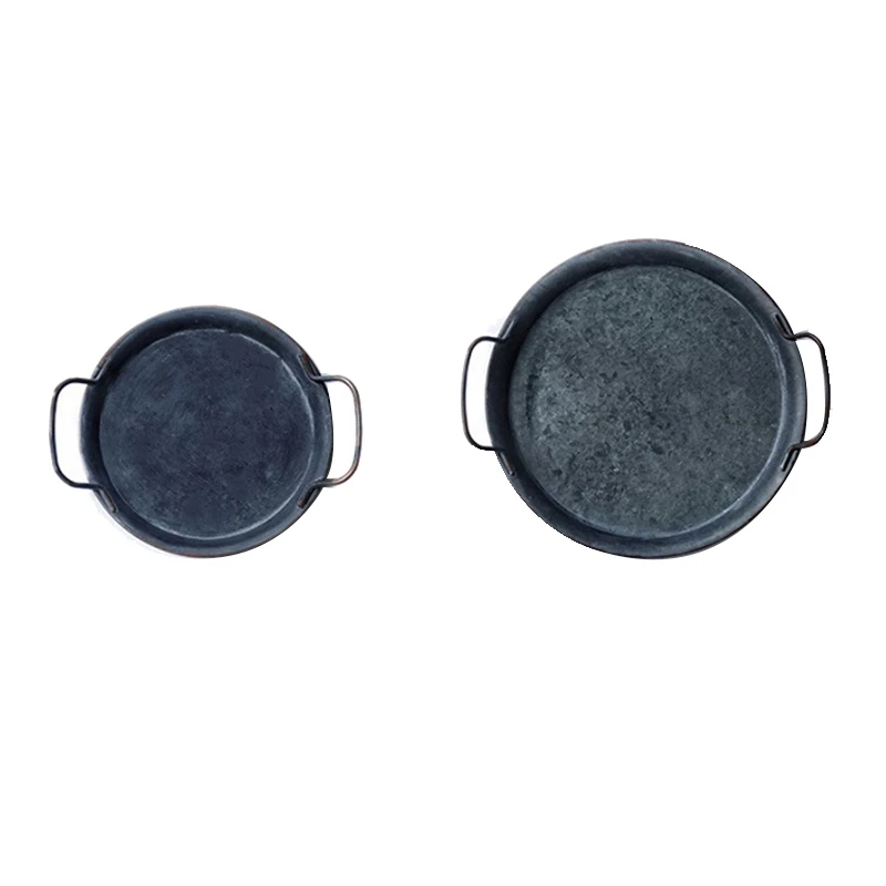 

Retro Metal Plate with Handle Round Vintage Storage Bread Tray Home Decoration Photo Props