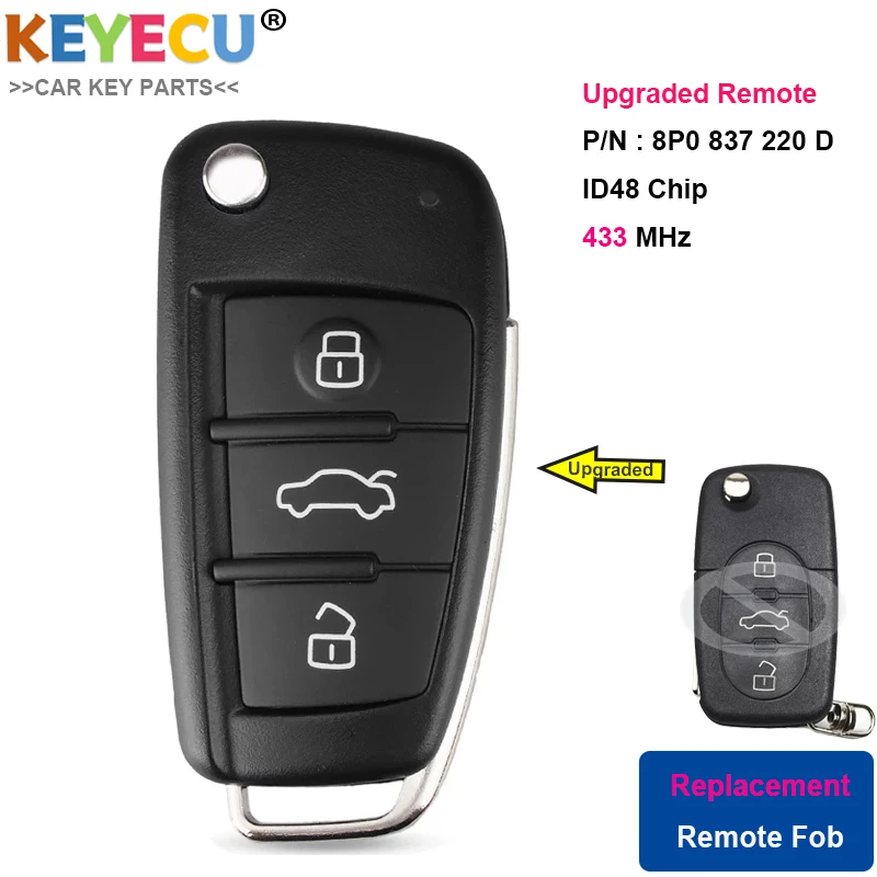 Ключ KEYECU для Audi A3 S3 A4 S4 TT брелок с 3 кнопками 434 МГц чип ID48 P/N: 8P0 837 220 D 8P0837220D|Ключ от