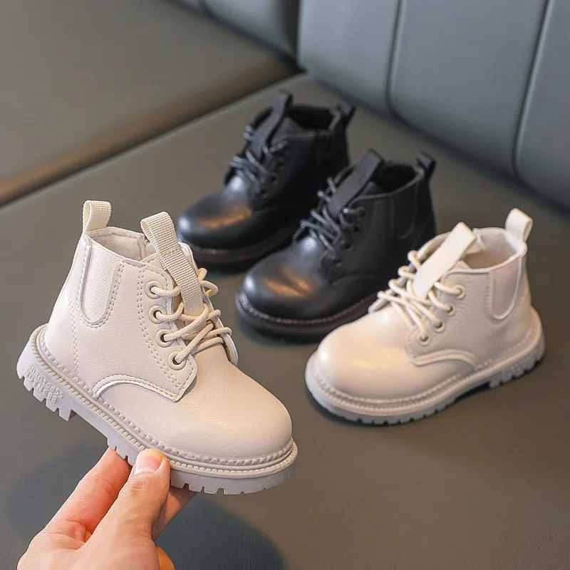 TYY Autumn Winter Plus Velvet Warm Kids Boots for Girls Boys Fashion Leather Boots Soft Bottom Non-slip Children Running Shoe
