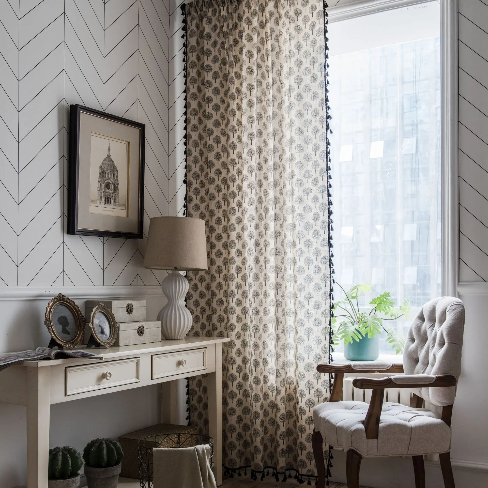 Занавеска-перегородка из хлопка и льна с кисточками полузатенение | Дом сад