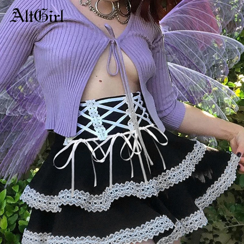 

AltGirl Fairycore Lolita Gothic Skirt Women Harajuku Aesthetic Y2k E-girl Bandage Lace Patchwork Skirt Mall Goth Kawaii Skirts