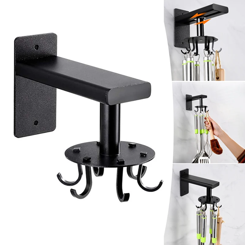 

Wall Mounted Kitchen Sliding Rail Rotatable Hooks Space Aluminum Organizational Rack with 6 Hooks for Towel Pot Pan Racks Hold