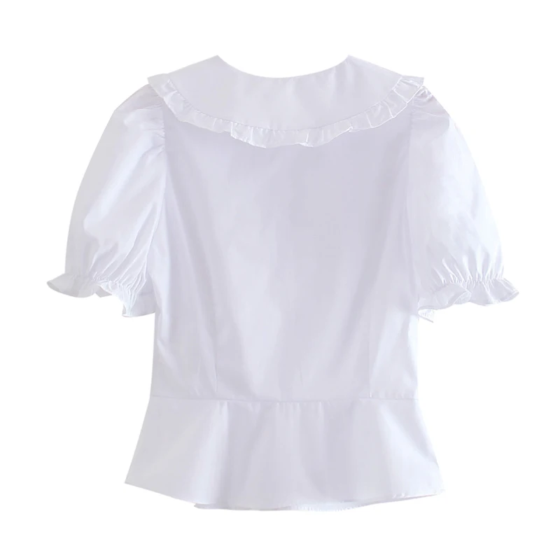 

2021 Summer Women Elegant V Neck Single Breasted Crop Blouse Chic Butterfly Sleeve Ruffle Shirts Female Solid Casual Tops