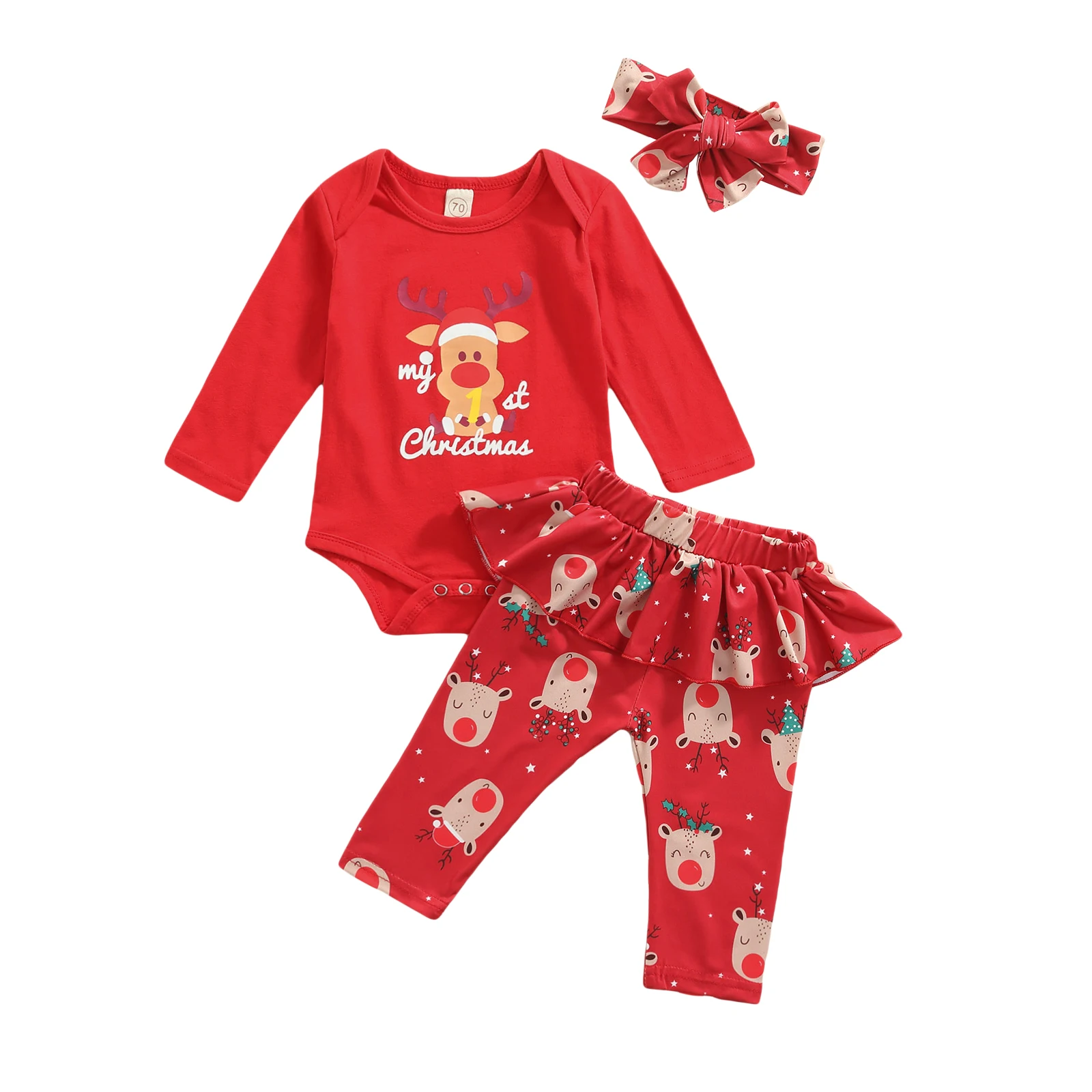 

Christmas Baby 3 Pieces Clothing Set Cartoon Elk Print O-Neck Long Sleeve Romper+ Trousers+ Headband for Girls Kids Xmas