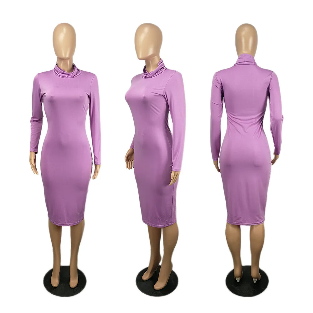

Maxi Dress Turtleneck Solid Slim Long Sleeve Plus Size Slip Dress Casual Autumn Winter Clothing Women