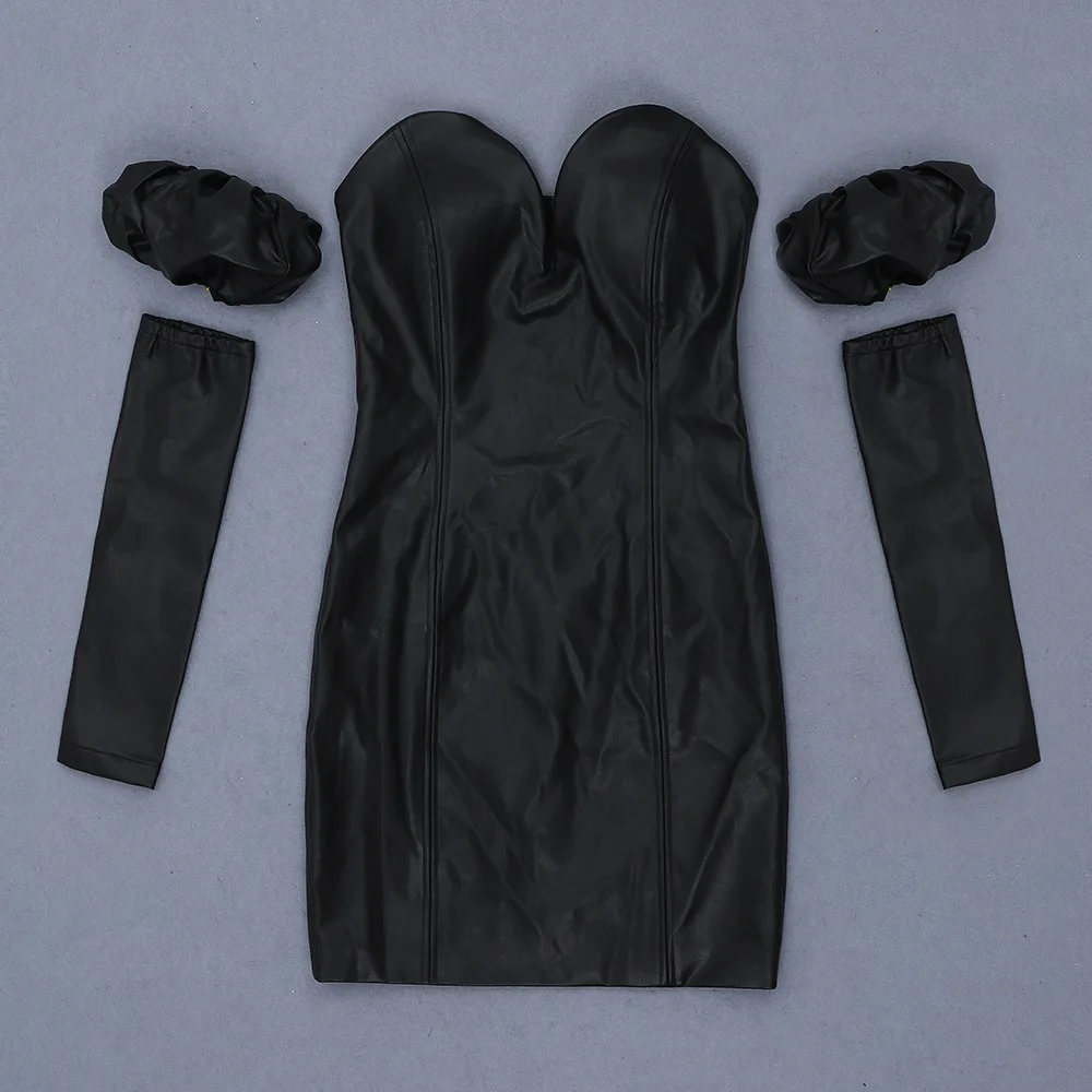 

high quality 2019 leather strapless off shoulder black v neck autumn and winter knitted mini bandage dress