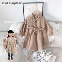 mudkingdom girl windbreaker outerwear lantern sleeve solid belt mid length turn down collar clothes kids spring autumn clothing