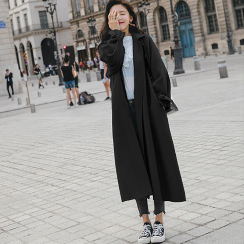 

Korean Oversized Women Trench Coat Long with Belt Spring Autumn Cloak Belt Solid Color Long Sleeve Outerwear Vintage Clothes