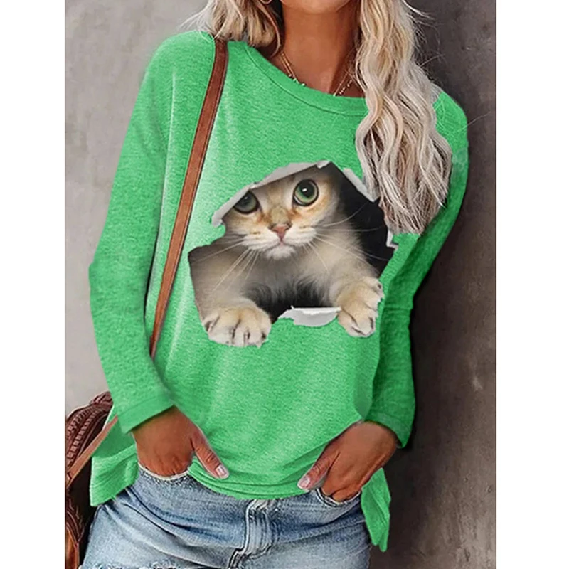 2021 Fashion Ladies Round Neck Pullover Cat Long Sleeve T-Shirt Casual Printed Autumn Cotton Long Ladies Shirt Fashion Loose Top