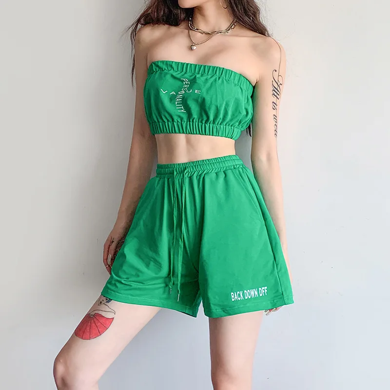 

2021 new women's solid color chest wrapped sexy vest wide leg shorts suit y2k bts traf