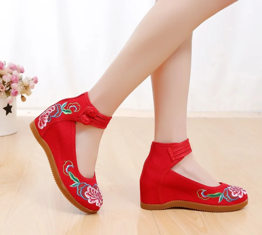 

Womens Wedged Canvas Shoes Pumps Women Soft Hidden High Heel Shoes Platforms Flower Embroider Ankle Strap Ladies Denim Cotton