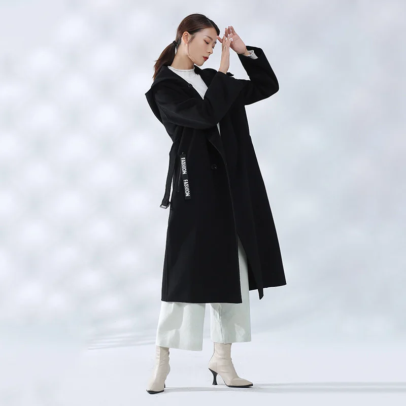 Женский двубортный кашемировый Тренч с капюшоном весна-осень 100% | Женская одежда