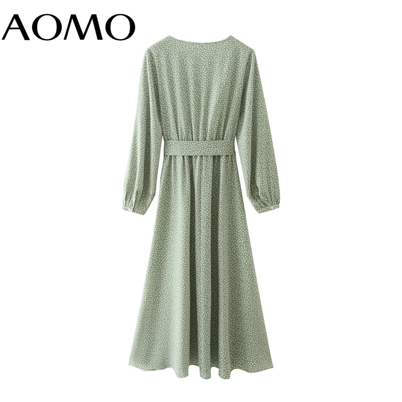

AOMO 2021 French Style Women Green Dots Print Shirt Dress with Slash Vintage Long Sleeve Office Ladies Maxi Dress 5X62A