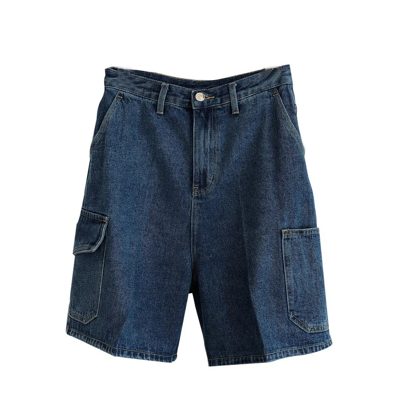 

Indie High Waist Blue Denim Y2K Pocket Straight Shorts 2021 Summer New Street Fashion Women Loose Wild Five-point Solid Shorts
