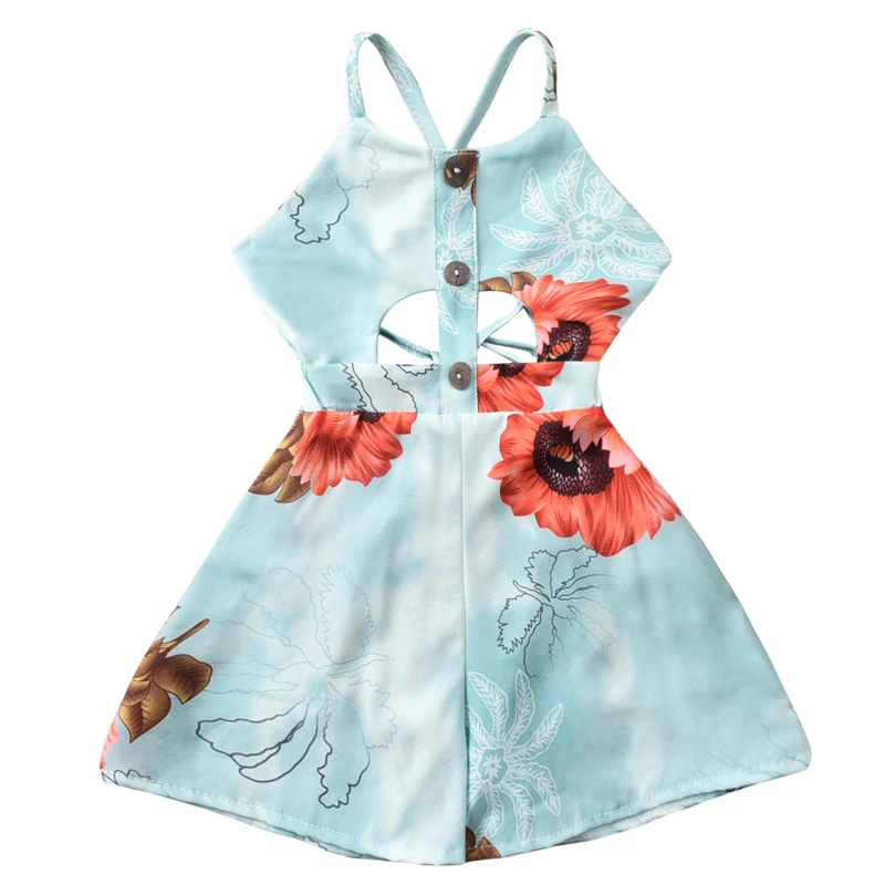 

2021 Summer Girls Sleeveless Playsuit Casual Light Blue Floral Printed Pattern Backless One-piece Clothes Kids Rompers Jumpsuit