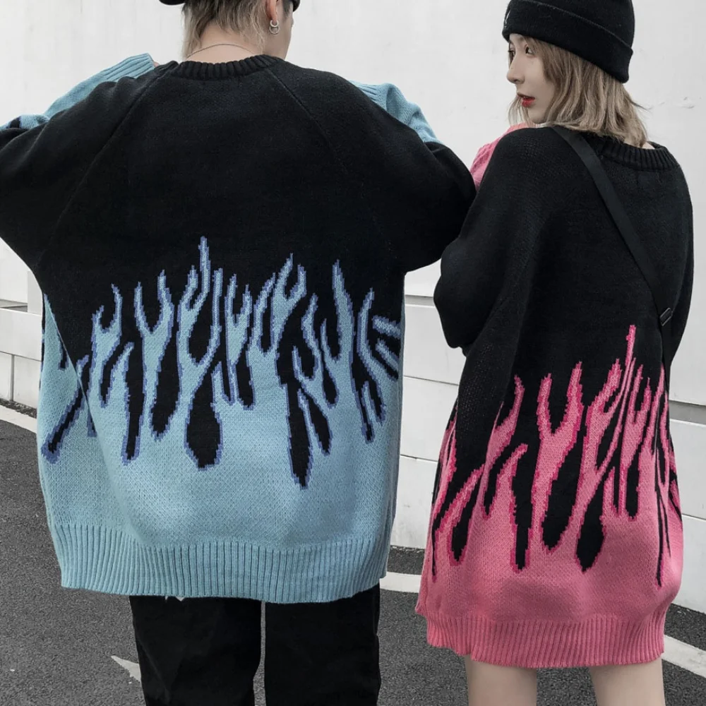 

Hip Hop Sweaters Fire Flame Knitted Sweater Jumpers Streetwear Harajuku 2021 Mens Fashion Casual Pullover Couples Tops Coats