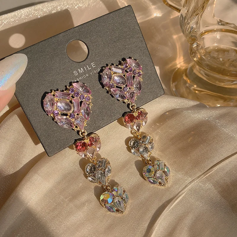 

Elegant Drop Dangle Shiny Purple Pink Crystal Engagement Wedding Earrings for Women Rhinestone Dangle Bridal Earring Jewelry