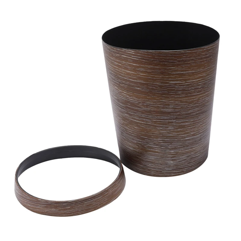 

HIPSTEEN Retro Style Pressing Ring Plastic Trash Can Household Office Mimetic Wood Grain Garbage Bin - Dark Brown