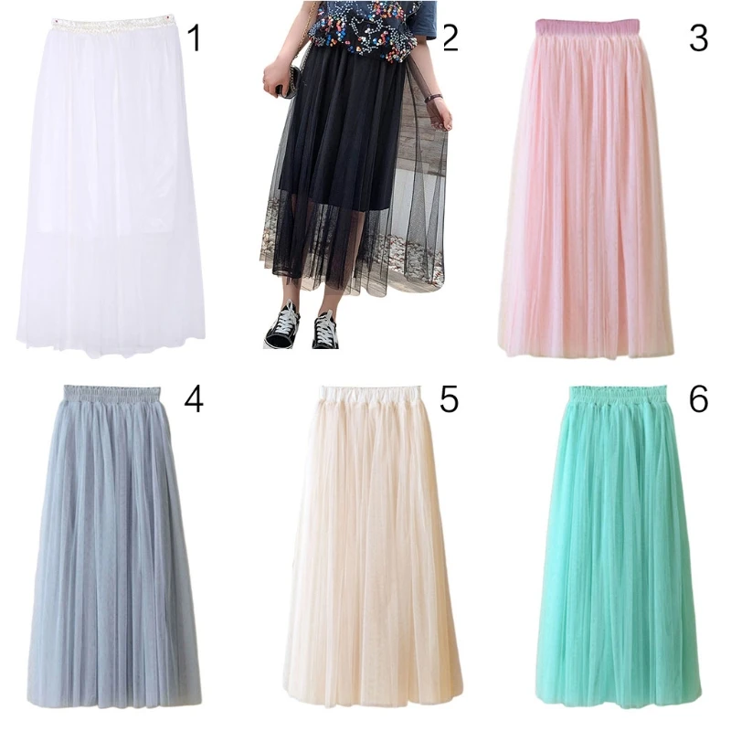 

652F 80CM Womens High Waist Three Layer Sheer Mesh Pleated Tulle Midi Long Tutu Skirt Sweet Solid Candy Color Drape Swing Loose