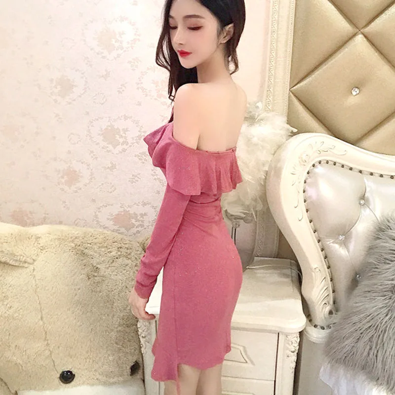 

Autumn Style Long Sleeve Sexy Dress Women Slash Neck Off Shoulder Asymmetrical Ruffles Bodycon Dresses Women's Clothing New