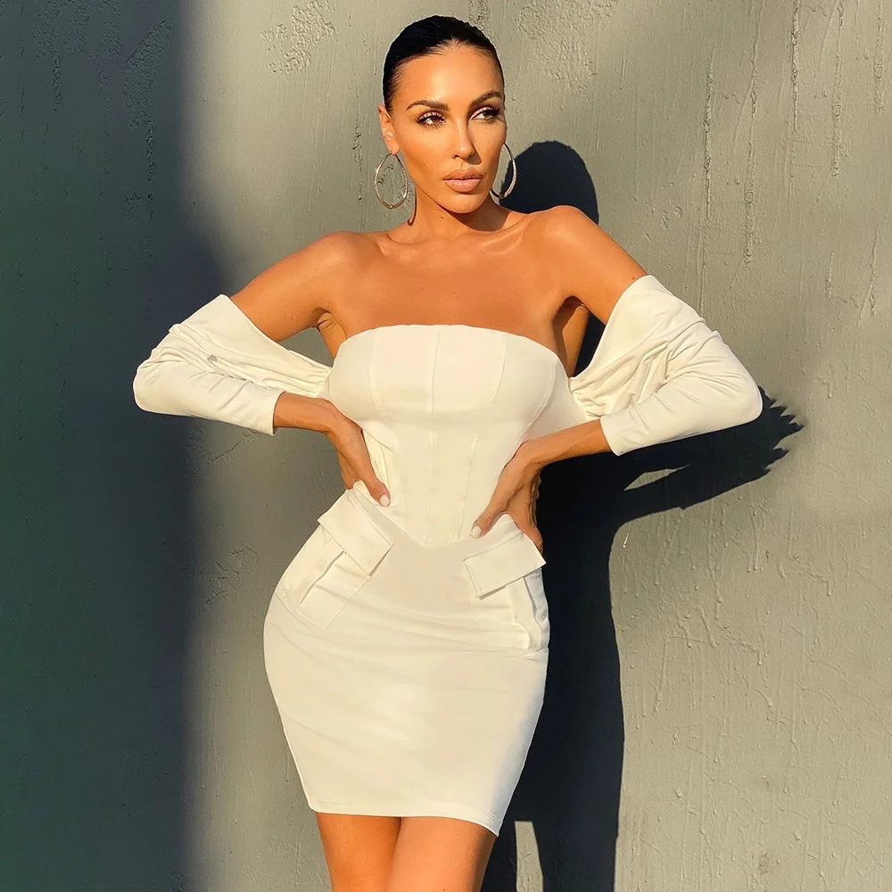 

Women Dress Autumn Winter Solid Color High Waist Sexy Long Sleeve Women's One-shoulder Tube Top Pleated White Black Party Dress