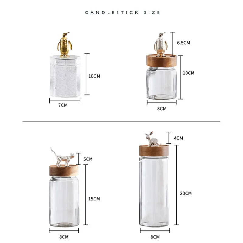 

Golden Animal Decorative Storage Jars with Lid Nordic Modern Hammer Texture Wood Cover Candy Snacks Glass Bottle Home Decoration