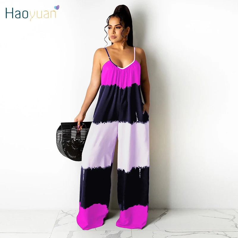 

HAOYUAN Patchwork Spaghetti Strap Loose Jumpsuit Summer Casual Outfits for Women Wholesale Items One Piece Wide Leg Pants Romper