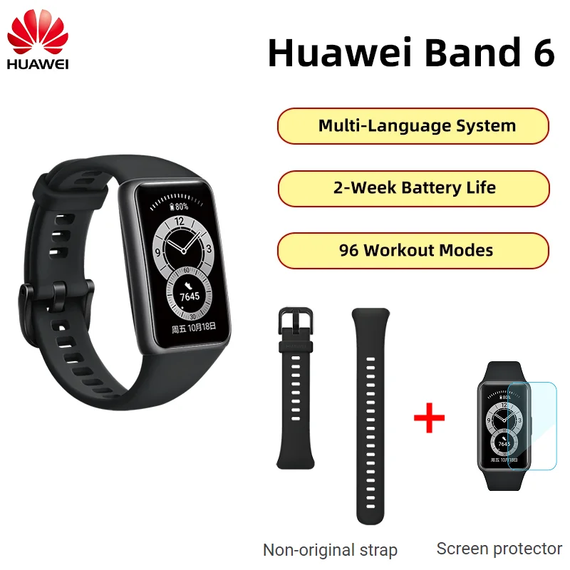 

[New] HUAWEI Band 6 Standard Edition Sports Bracelet Multi-lingual Smart Bracelet + Non-original Strap + Screen Film(Black)