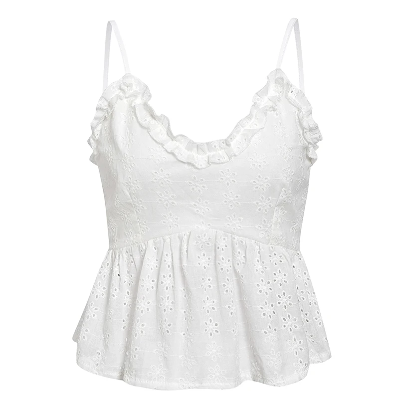 Элегантные женские белые майки на бретельках 2020 летние топы с рюшами и открытой