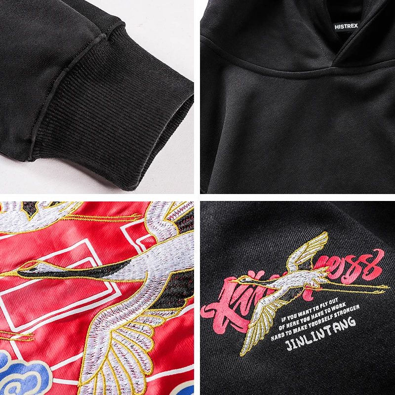 Вышитый японский журавль Харадзюку 100 хлопковые мужские толстовки для женщин