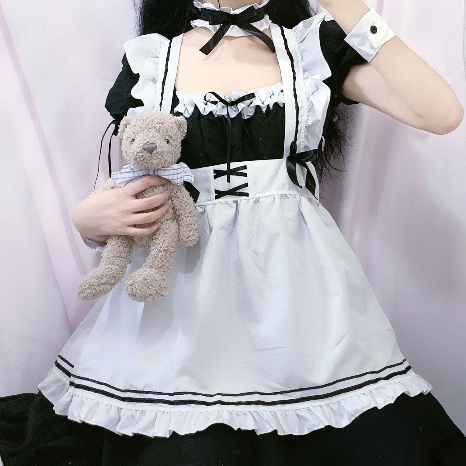 

Black White Chocolate Maid Costumes French Bowknot Maid Skirt Girls Woman Amine Cosplay Costume Waitress Party Costumes Dresses