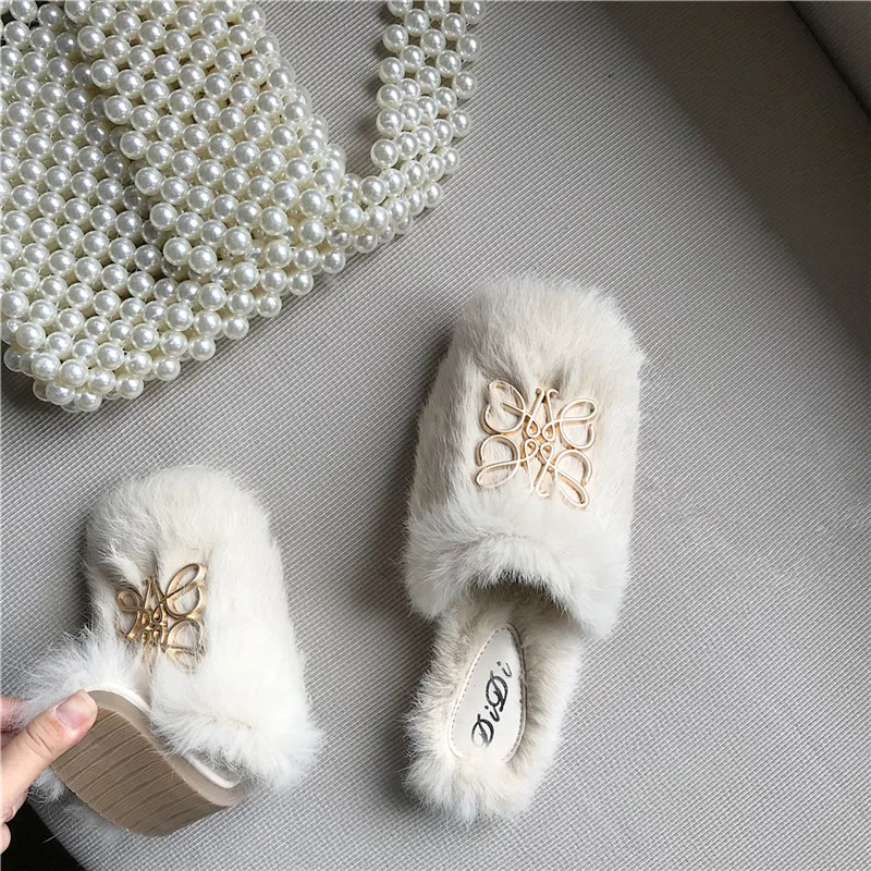 

Yuerui Winter Women's Shoes Rabbit Fur Plus Velvet Slippers Home Slippers Girls Flat-Bottomed Warm Shoes, Indoor Non-Slip899-6