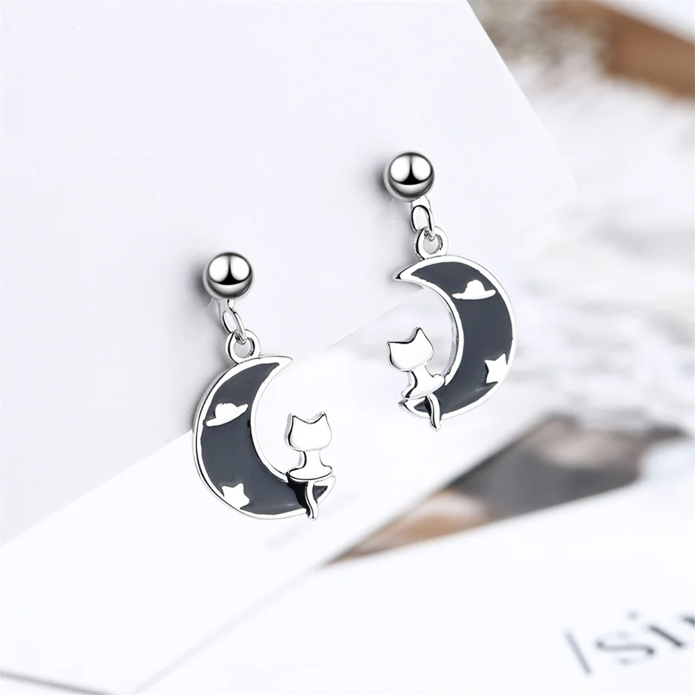 

for Women Elegant Party Jewelry Silver Moon Cute Cat Piercing Stud Earrings Wholesale