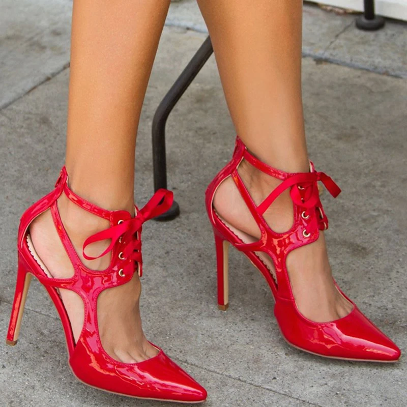 

ASHIOFU Handmade Ladies High Heel Pumps Cross Lace-up Wedding Party Dress Shoes Patent Leather Evening Dating Fashion Shoes