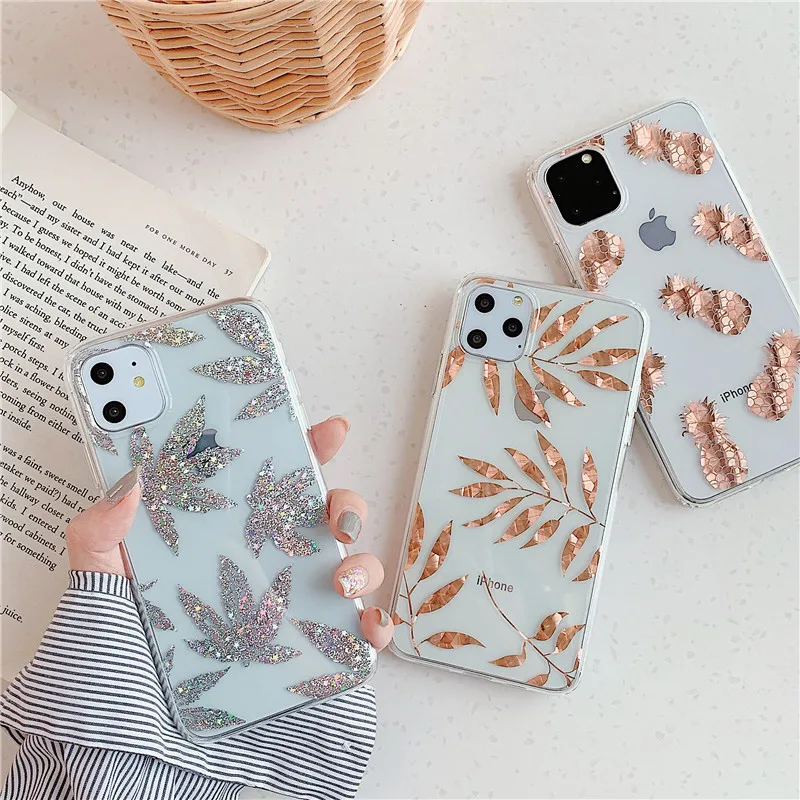 

moskado Glitter Plating Leaf Phone Cover For iPhone 11 Pro Max X XR XS MAX 7 8 7Plus Hard Back Cover Art Leaf Phone Case Shell