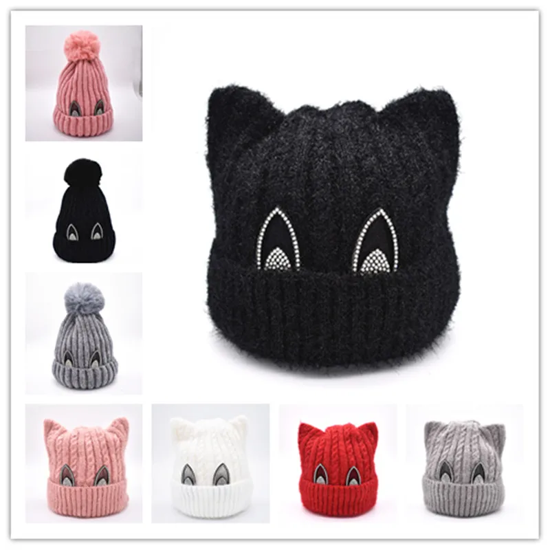 Милая детская зимняя шапка Теплый чепчик для девочки с большими глазами вязаная