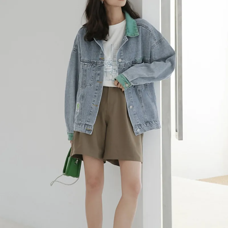 

Женская однобортная джинсовая куртка, винтажная офисная Повседневная однотонная Свободная куртка с отложным воротником и контрастным дли...