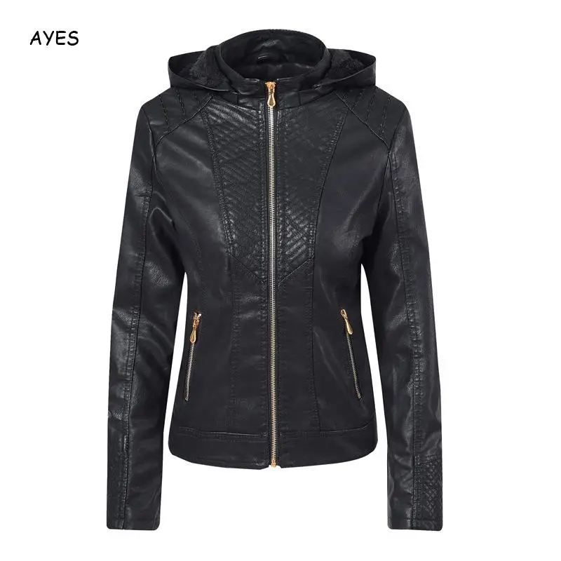 

Fashion Women Faux Pu Leather Jackets Women Black Motorcycle Hooded Coat Women Autumn Hooded Outerwear Leather Pu Jackets Female