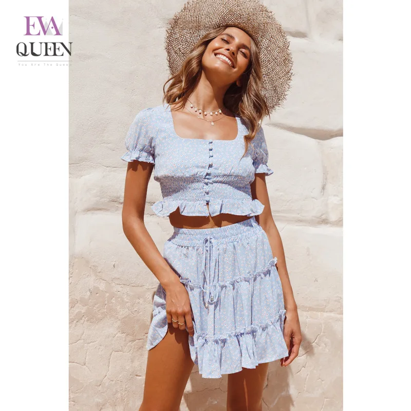 Женский комплект из двух предметов EvaQueen голубое летнее платье с квадратным