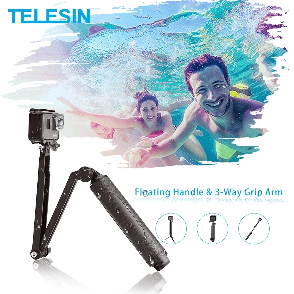 

TELESIN Waterproof Selfie Stick Floating Hand Grip + 3-Way Grip Arm Monopod Pole Tripod for GoPro 9 8 7 6 5 Insta360 Osmo Action