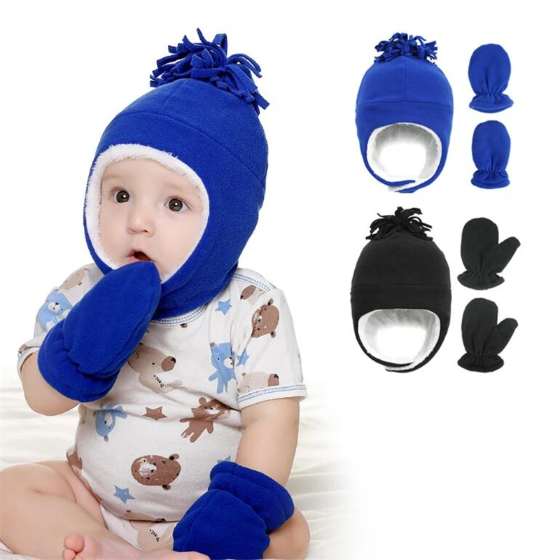 

0-10T Kids Fleece Gloves Hat 2pcs Set For Baby Boy Girls 6 Solid Colors Ear Protection Beanie Winter Warm Cap Baby Accessories