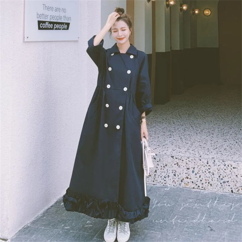 Trench coats women's double-breasted flower bud big swing windbreaker spring and autumn new long style over the knee clothes