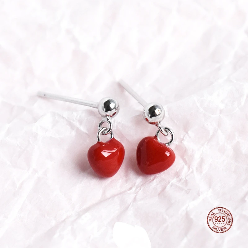 

LKO Real 925 Sterling Silver Cute Resin Red Heart Ear Studs for Women Fine Jewelry Romantic Earrings For Girl Gifts Accessories