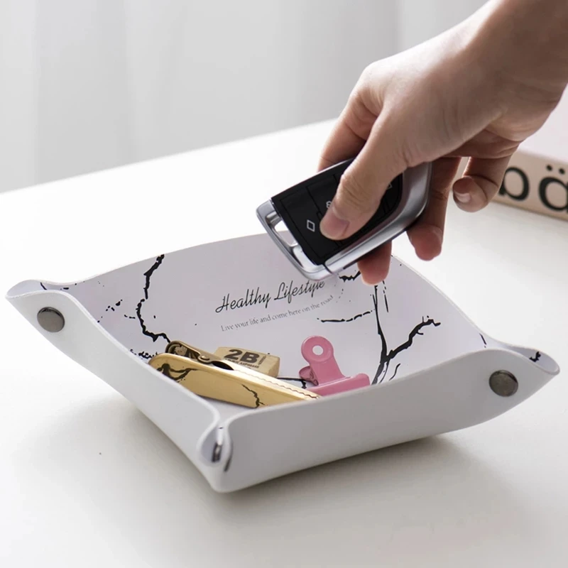 Desktop Storage Box PU Leather Key Snack Lipstick Cosmetics Tray Creative Nordic Ins Style Home Decoration | Дом и сад