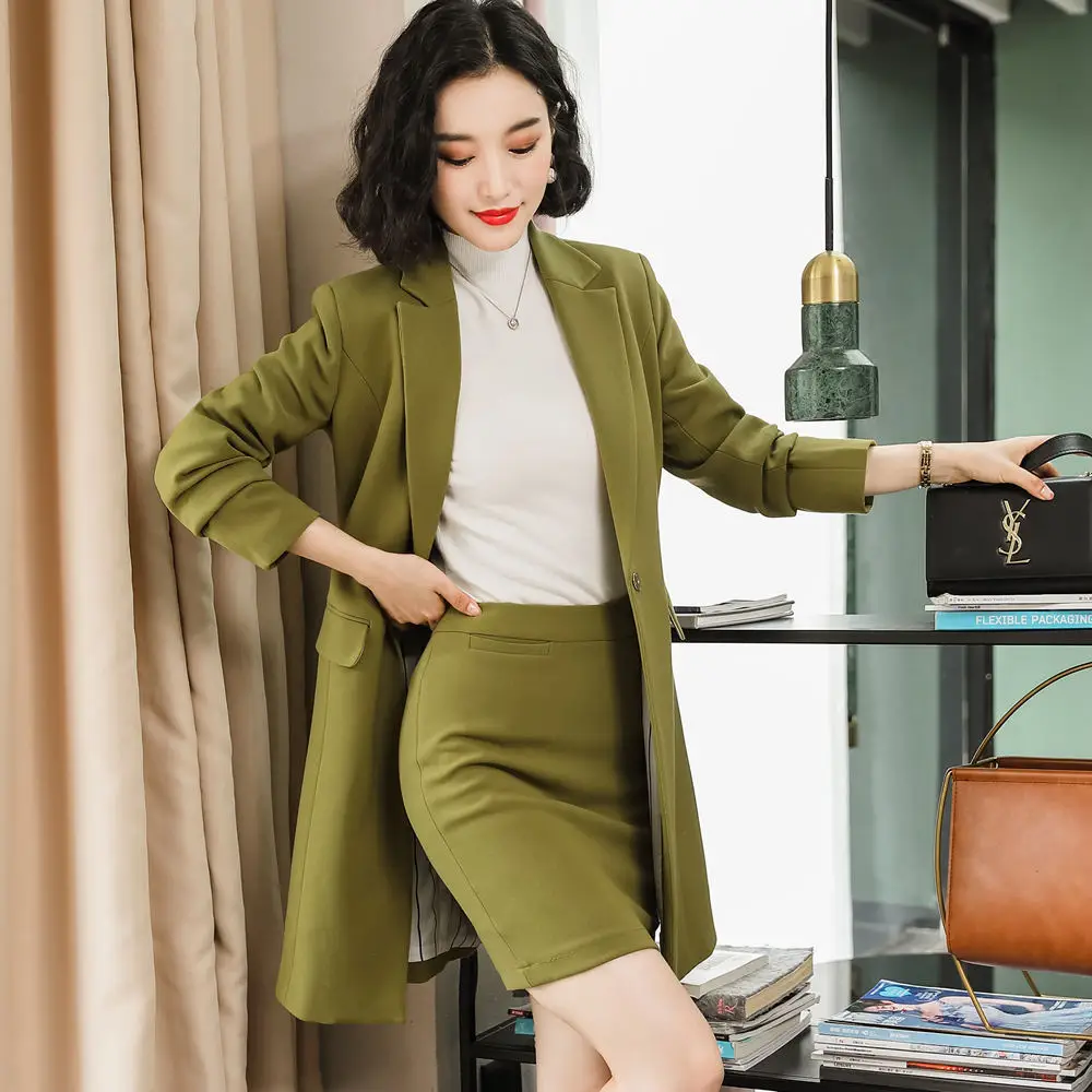 army green suit Дамская элегантная офисная одежда платье костюм женский длинный стиль куртка юбка M-4XL размера плюс синтетическая ткань Рабочий костюм f80808 - Цвет: army green suit