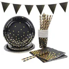 Товары для вечерние, одноразовая посуда черного и золотого цвета для детей и взрослых, товары для вечеринки в честь Дня Рождения, бумажные бриллианты, скатерти
