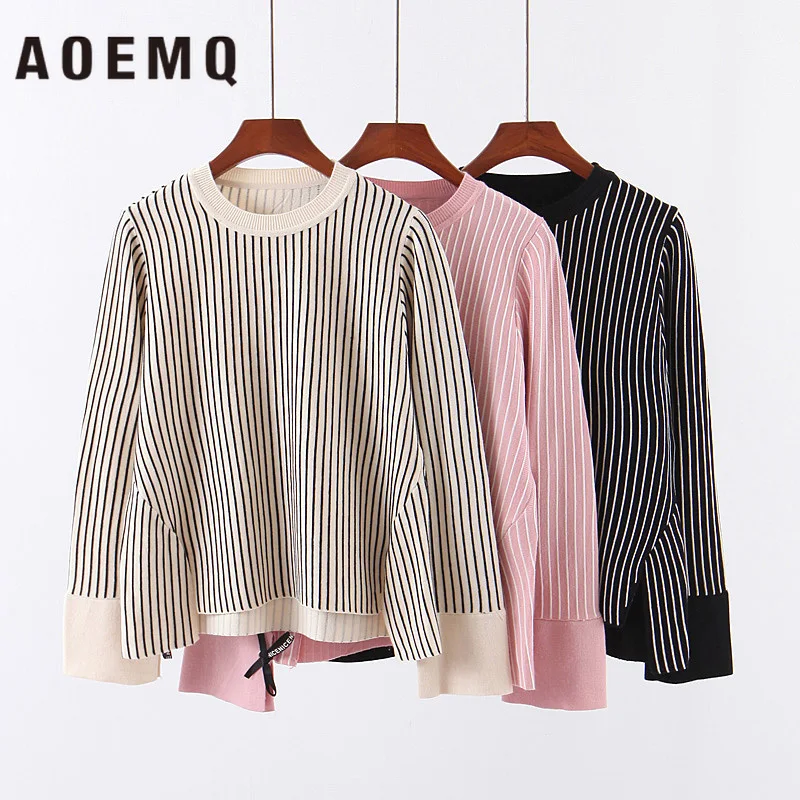 AOEMQ Sweaters Shirts Black Striped Simple Shirt Bow-Sweater Loose Coffee Office Lady Wear Winter Sweater Women Clothing | Женская