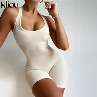 kliou striped sporty workout halter rompers women casual active wear backless sleeveless playsuit athleisure biker playsuits